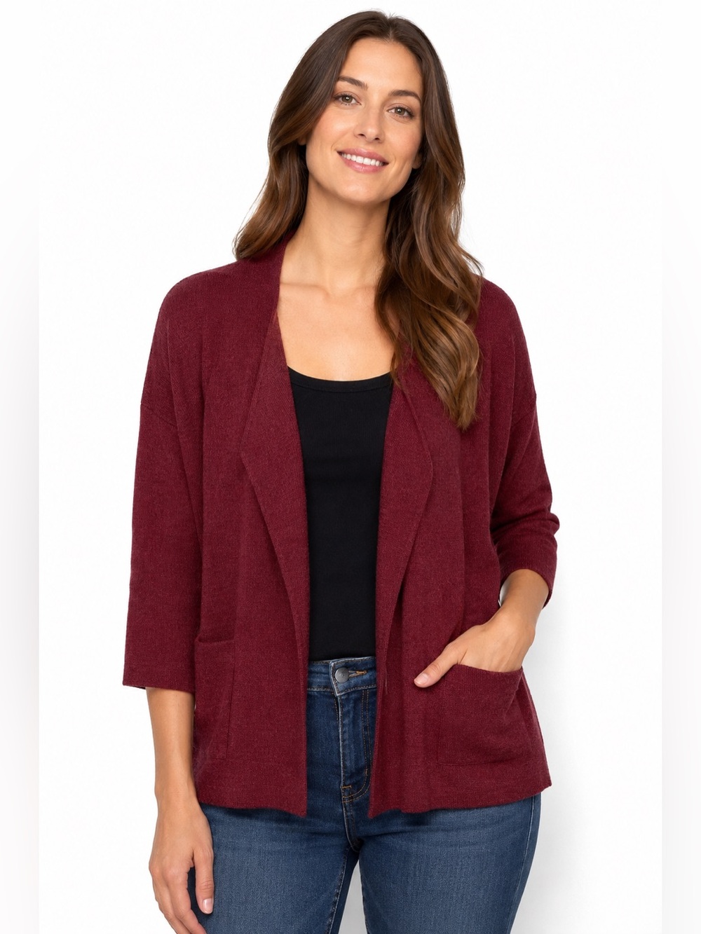 Eileen Fisher open-front knit cardigan small Burgandy maroon wool 3/4 sleeve